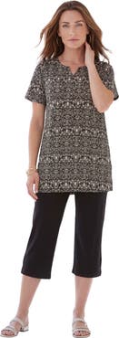 Roaman's Plus Size Soft Knit Print Tunic With Notch Neckline