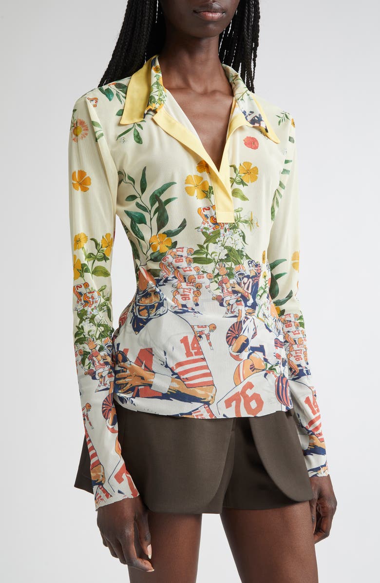 MONSE Floral/Football Mesh Long Sleeve Polo, Alternate, color, Yellow Multi