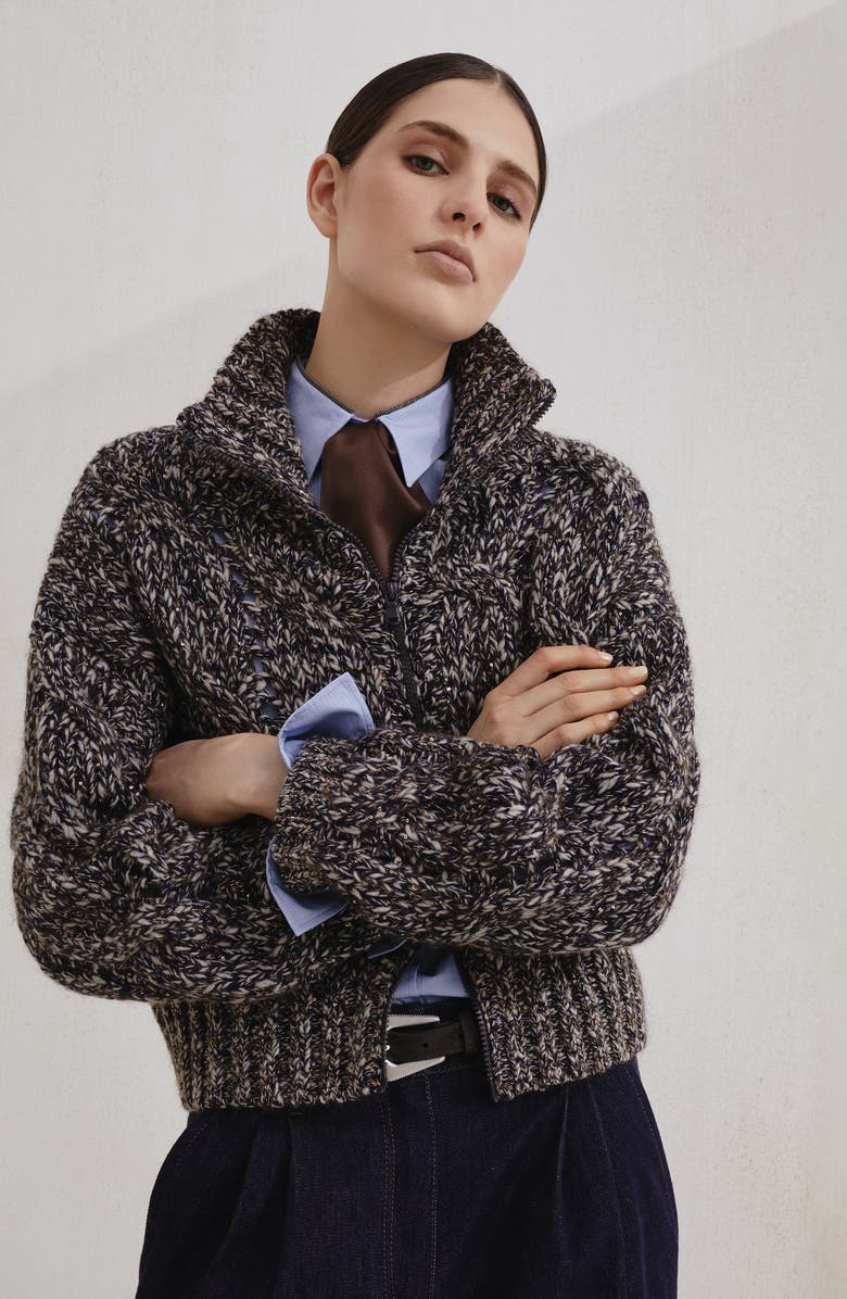 Brunello Cucinelli Dazzling chiné cardigan with zipper, Alternate, color, Blue