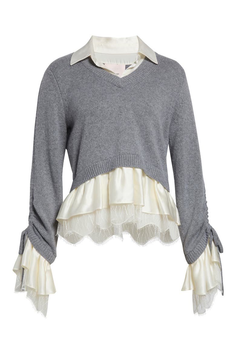 Milla Layered Pullover, Alternate, color, HEATHER GREY/ IVORY