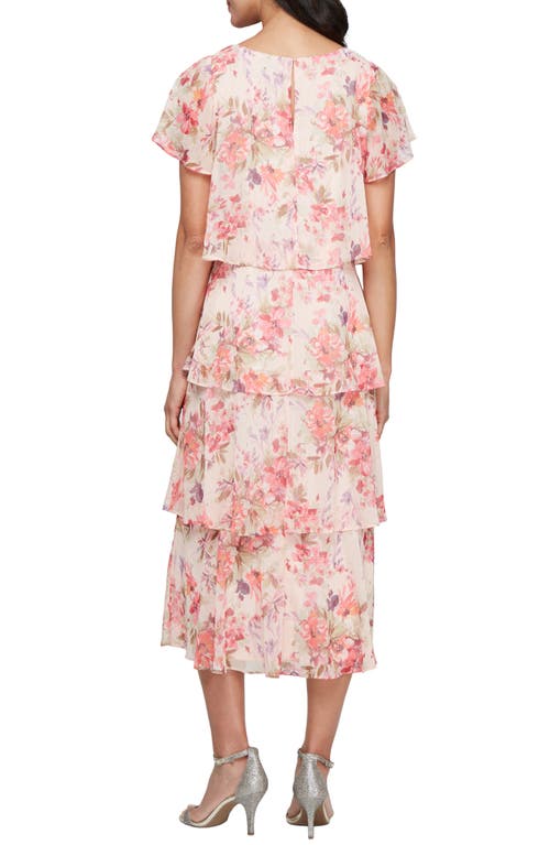 Shop Sl Fashions Tiered Floral Cocktail Midi Dress In Peach Multi