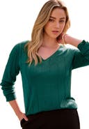 Roaman's Plus Size Drop Needle V Neck Lightweight Sweater Knit