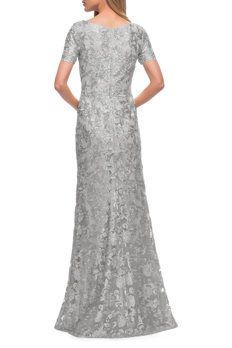 nordstrom mother of bride short dresses La Femme Beautiful Lace Mother of the Bride Dress with Short Sleeves in Silver at Nordstrom, Size 4