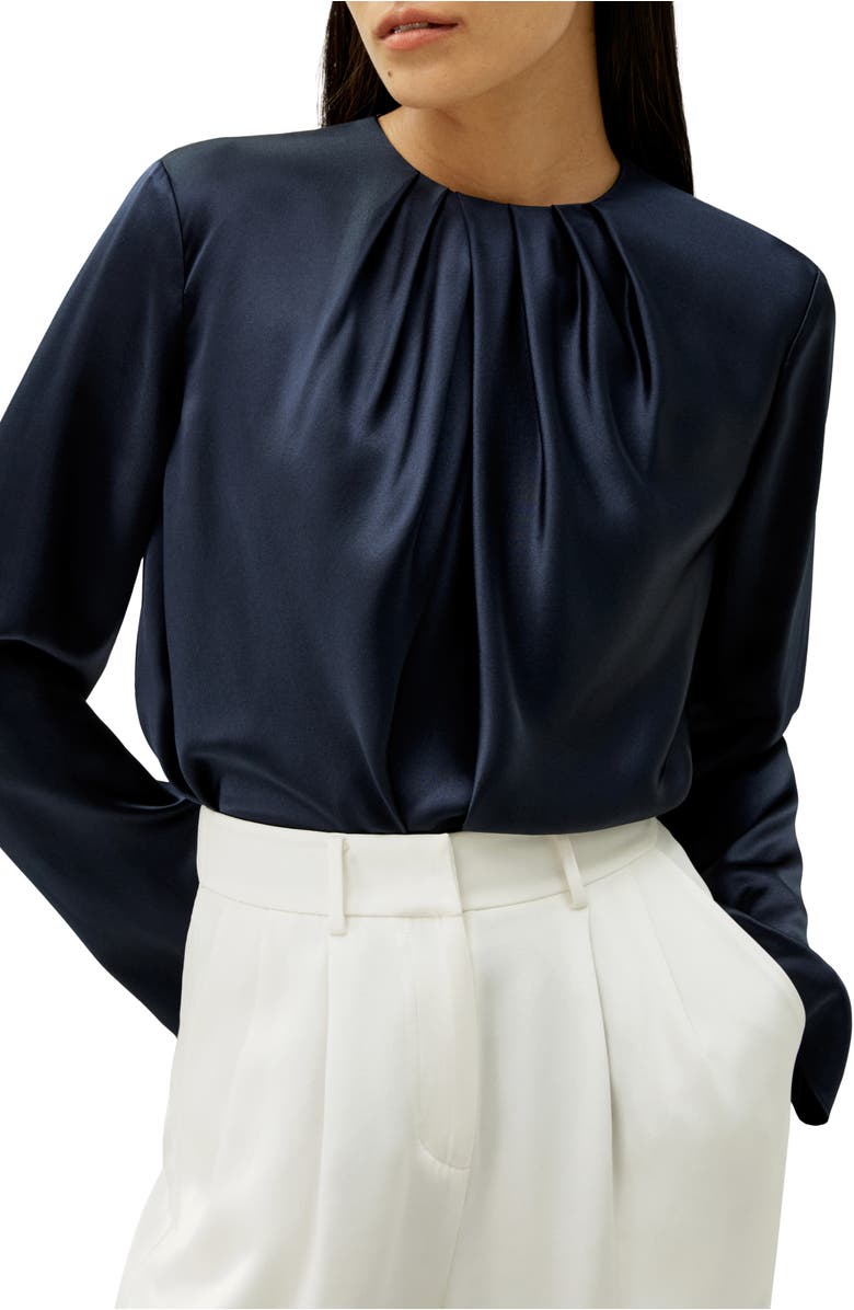Lilysilk Silk Ruched-Neck Top, Main, color, Navy Blue