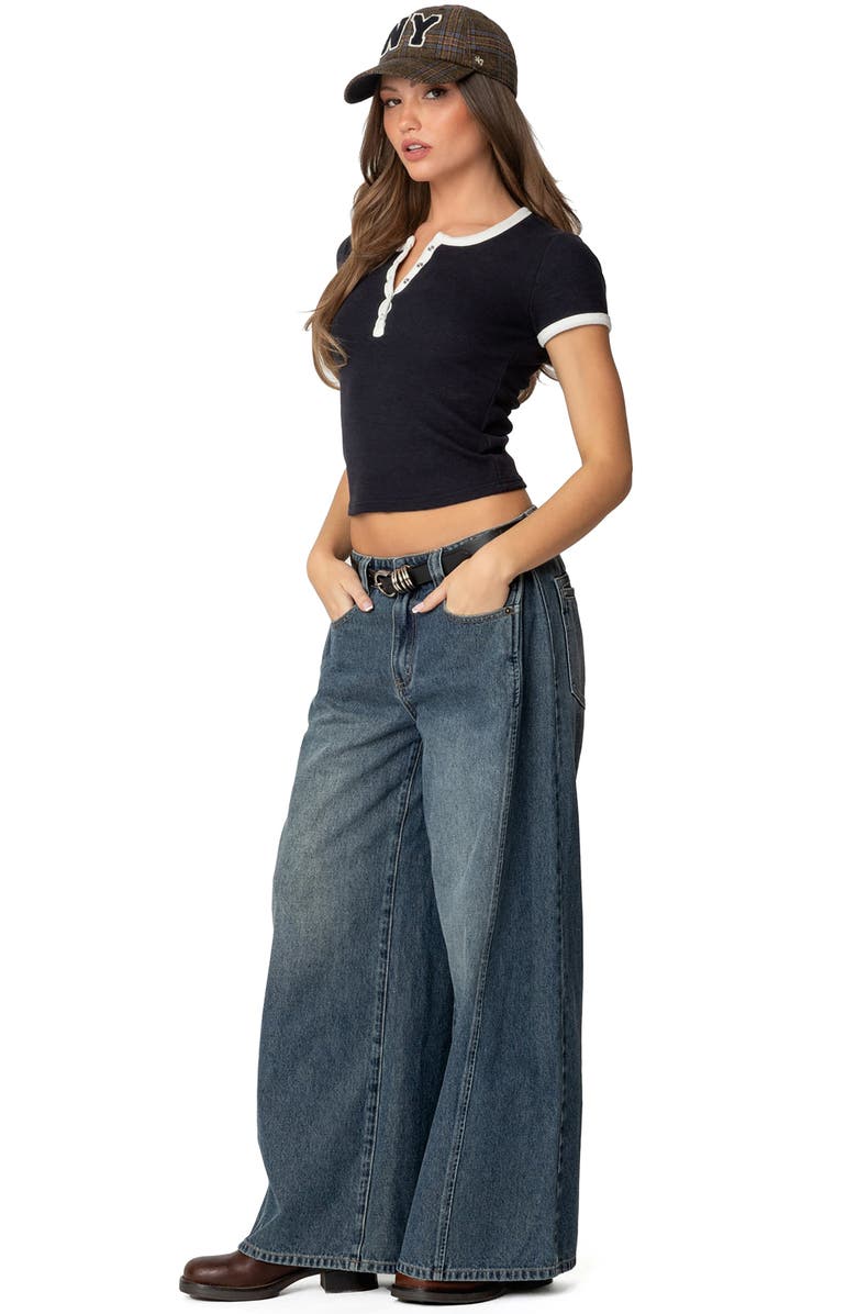 EDIKTED Gillian Short Sleeve Henley, Alternate, color, Navy