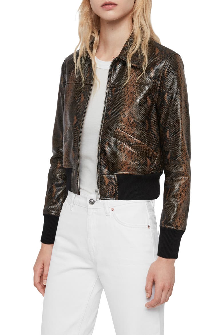 Pascao Oba Snake Print Leather Bomber, Alternate, color, KHAKI GREEN