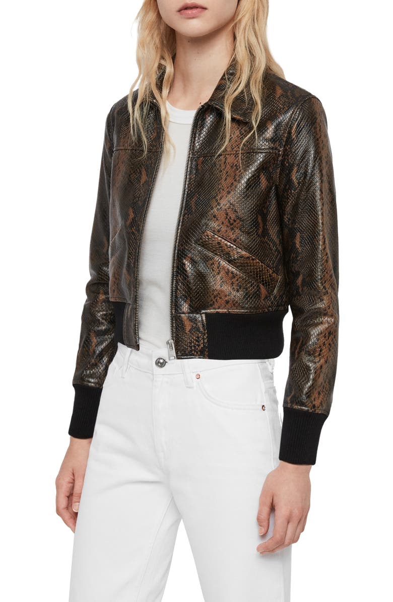 AllSaints Pascao Oba Snake Print Leather Bomber, Alternate, color,