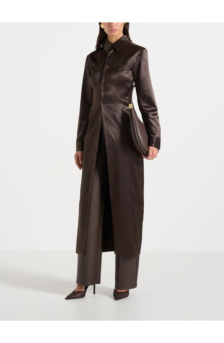 Manière De Voir Etta Crinkled Satin Midaxi Shirt Dress, Main, color, Dark Brown