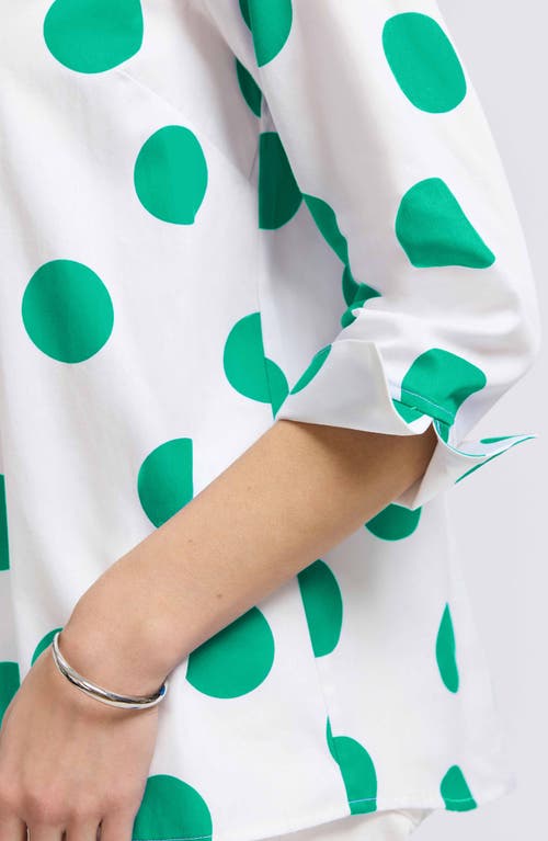 Foxcroft Agnes Dot Print Three-quarter Sleeve Cotton Popover Top In White/green