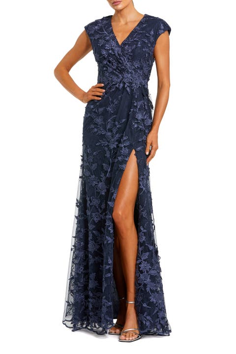 Petite Faux Wrap Embroidered Cap Sleeve Gown