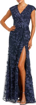 Mac Duggal Petite Faux Wrap Embroidered Cap Sleeve Gown