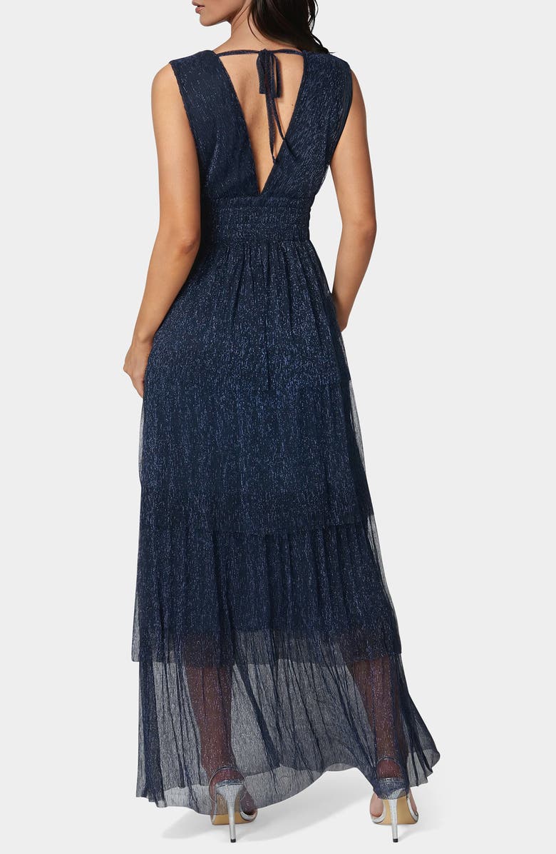 bebe Plunge Neck Tiered Maxi Dress, Alternate, color, Navy
