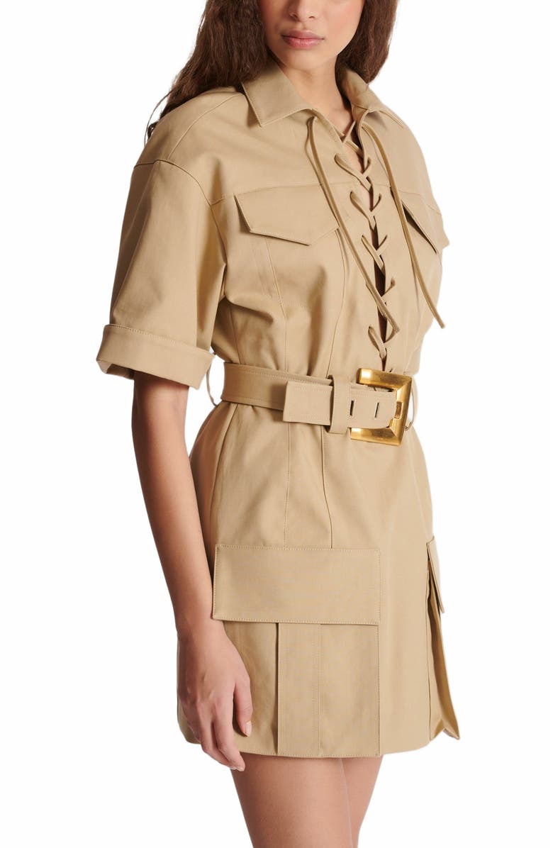 Balmain Short Cotton Gabardine Lace-Up Dress, Alternate, color, Beige