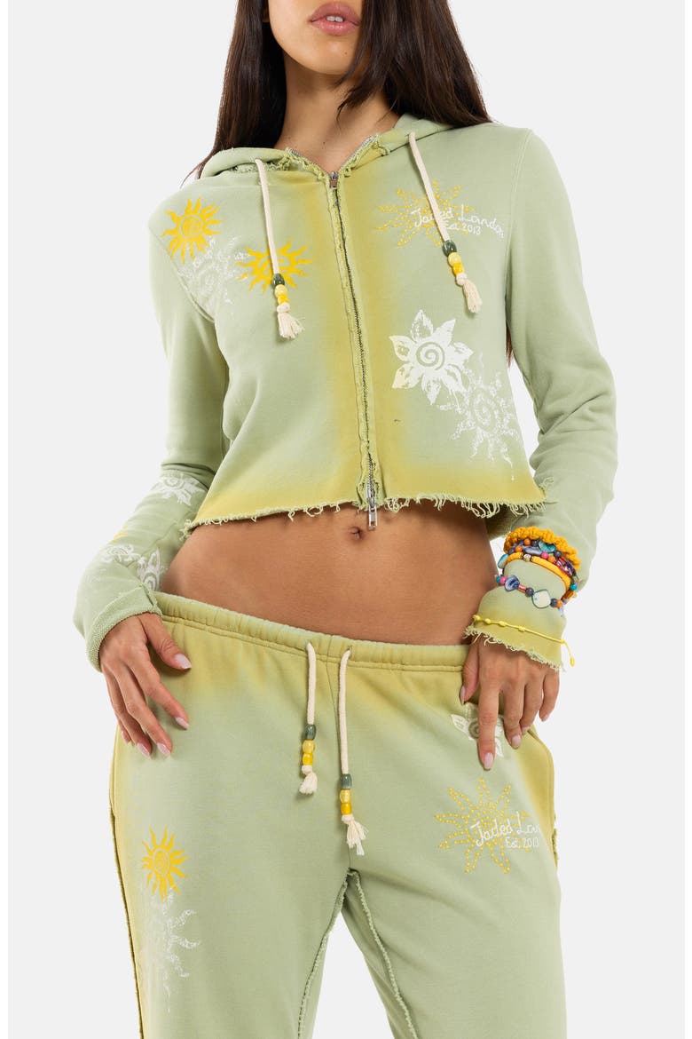 Two-Toned Graphic Cropped Full Zip Hoodie, Alternate, color, GREEN