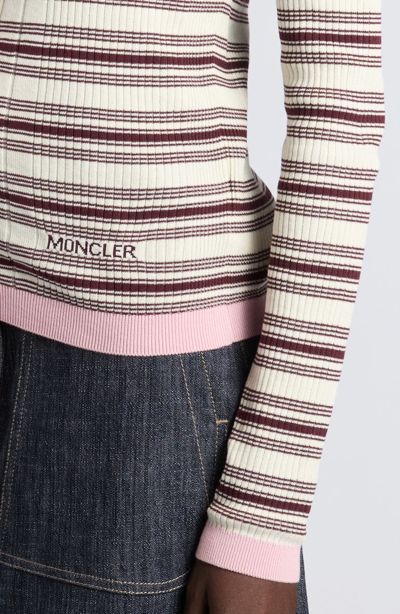 Moncler Stripe Fitted Rib Cotton Cardigan, Alternate, color, White/ Beige