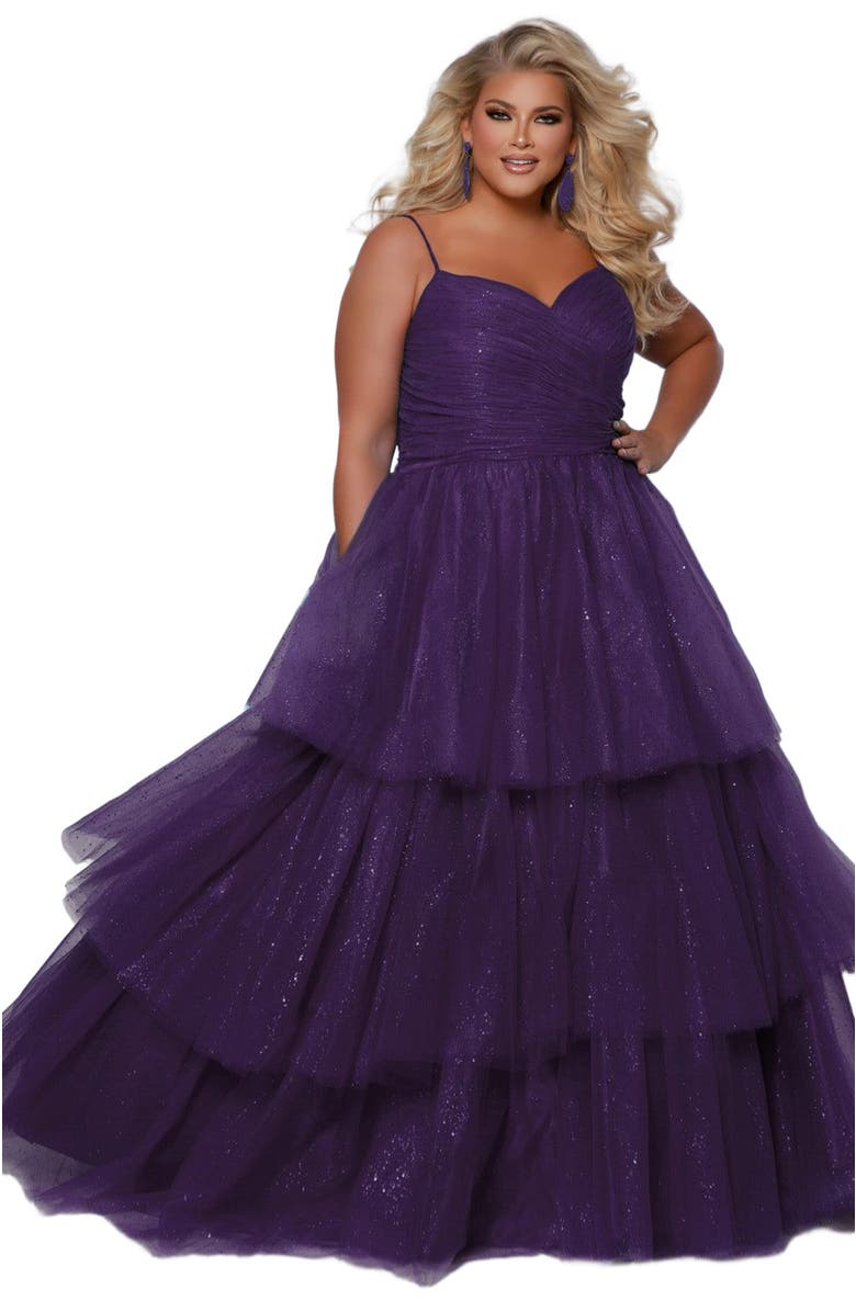 Sydney's Closet Spaghetti Strap Teired Plus Size Ballgown, Alternate, color, Purple
