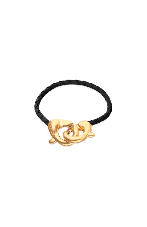 Black leather strap with 18k gold-plated interlocking carabiner detail