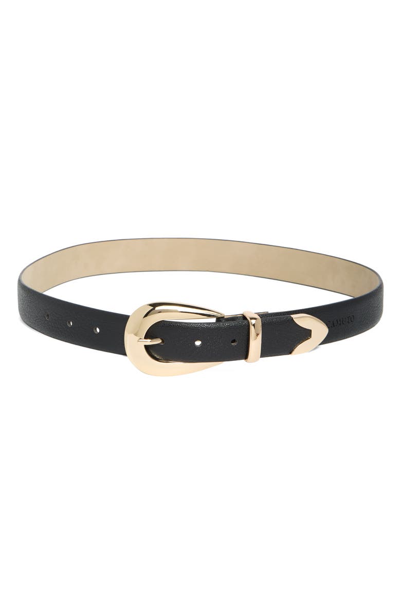 Vince Camuto Curved Buckle Faux Leather Belt, Main, color, Black Gold