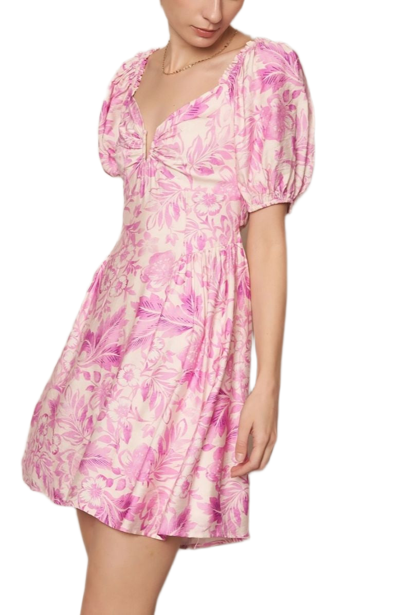 Knit and Lounge Floral Puff Sleeve Sweetheart Neckline Fitted Bodice Mini Dress, Main, color, 