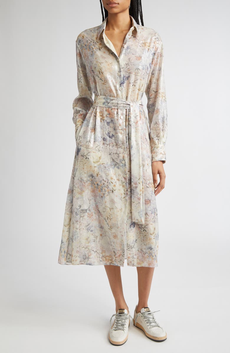Golden Goose Journey Floral Long Sleeve Sequin Shirtdress, Main, color, Pastel Flowers