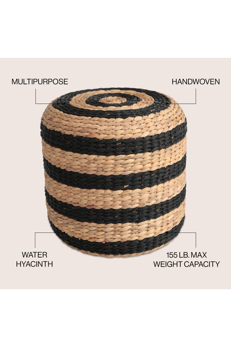 Aimee Bohemian Handwoven Water Hyacinth Round Floor Pouf Ottoman Accent Seat and Footstool for Living Room, Alternate, color, Black/Natural (Stripes)