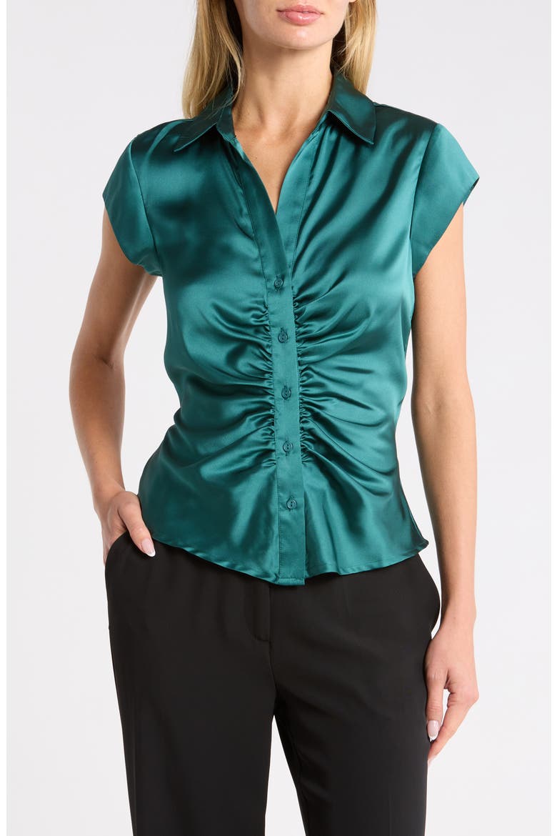 Ruched Satin Button-Front Cap Sleeve Blouse, Main, color, MEDITERRANEA TCX