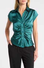 DR2 by Daniel Rainn Ruched Satin Button-Front Cap Sleeve Blouse