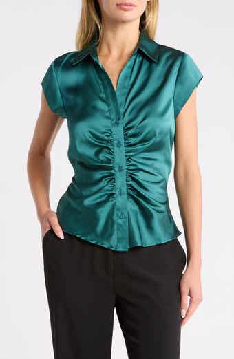 Ruched Satin Button-Front Cap Sleeve Blouse