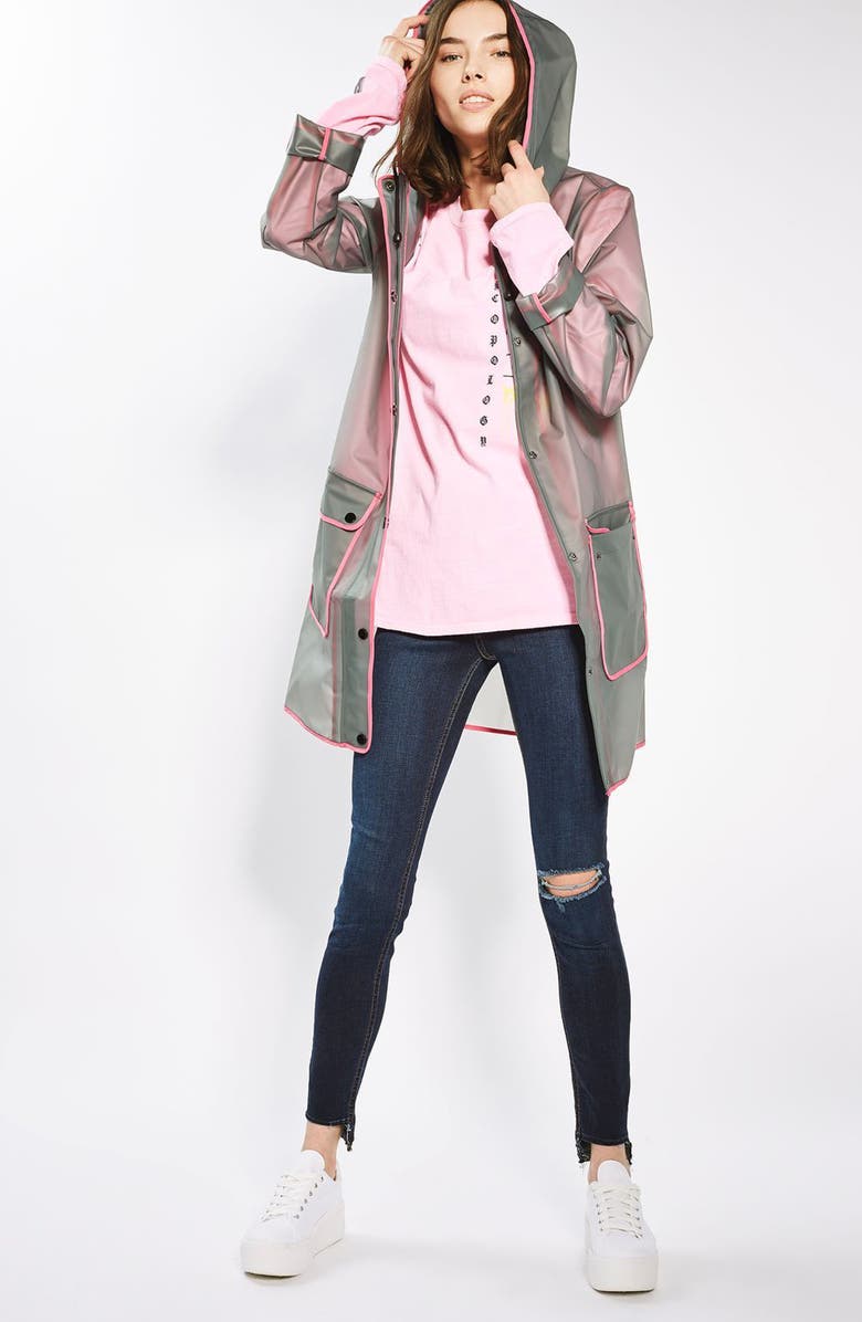 Topshop Piped Mac Rain Jacket, Alternate, color, 