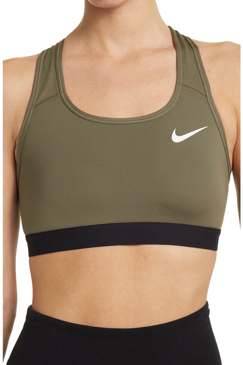 Swoosh Racerback Sports Bra, Main, color, MEDIUM OLIVE/ BLACK/ WHITE