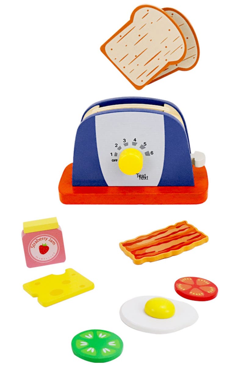 Leo & Friends Wooden Pop Up Toaster Set | 7 Piece Accessory Play Kitchen Wooden Toaster Toy for Children Ages 3-6, Main, color, Blue