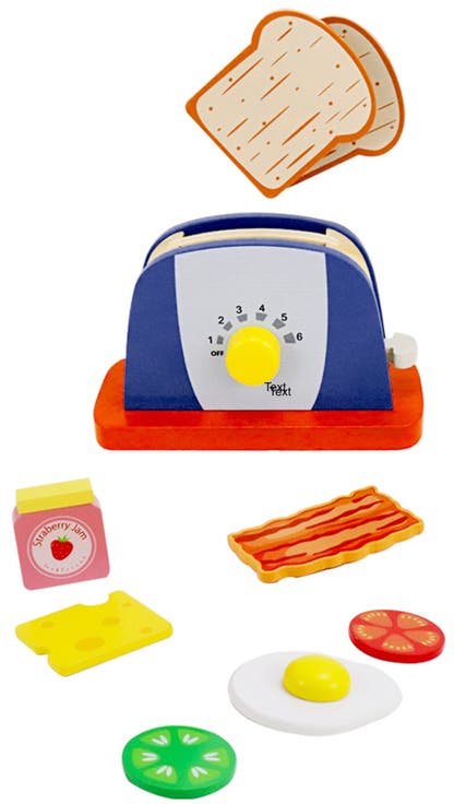 Wooden Pop Up Toaster Set | 7 Piece Accessory Play Kitchen Wooden Toaster Toy for Children Ages 3-6