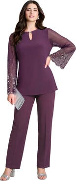 Roaman's Mesh Overlay Embellished Top