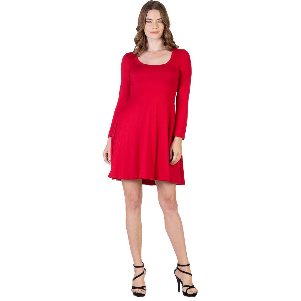 24seven Comfort Apparel Classic Long Sleeve Flared Mini Dress In Red