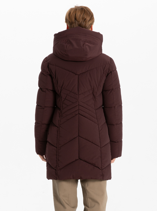 Point Zero Star-stitch Chic Long Puffer Jacket In Merlot