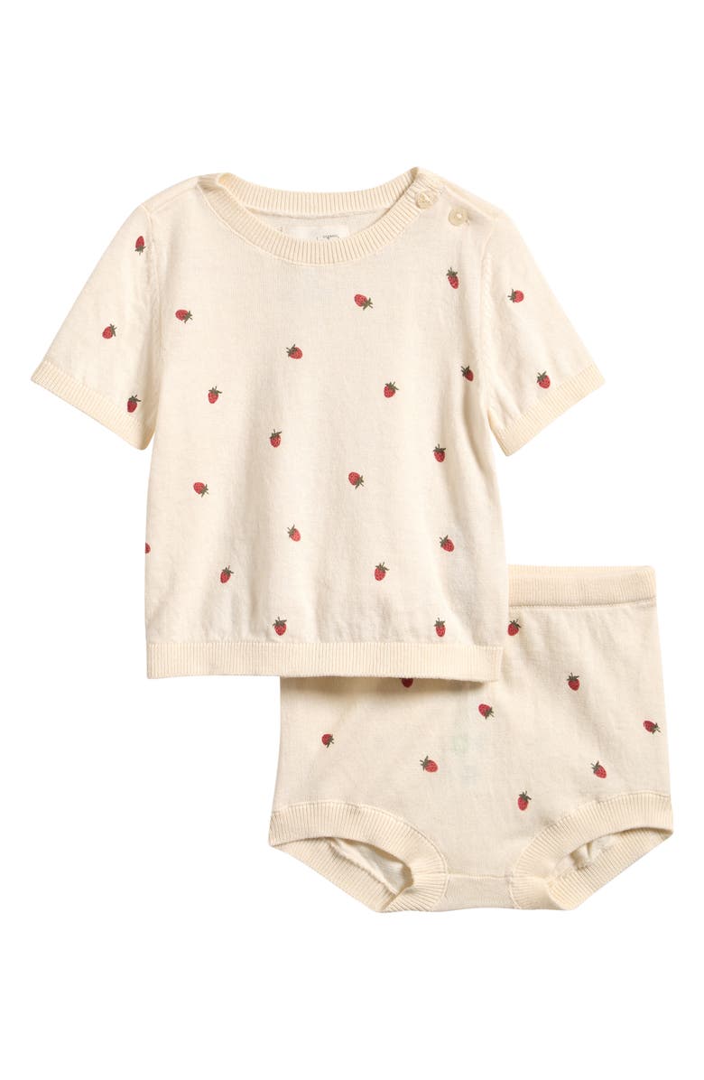 Little Planet Strawberry Print Top & Bloomers Set, Main, color, Cream Strawberries