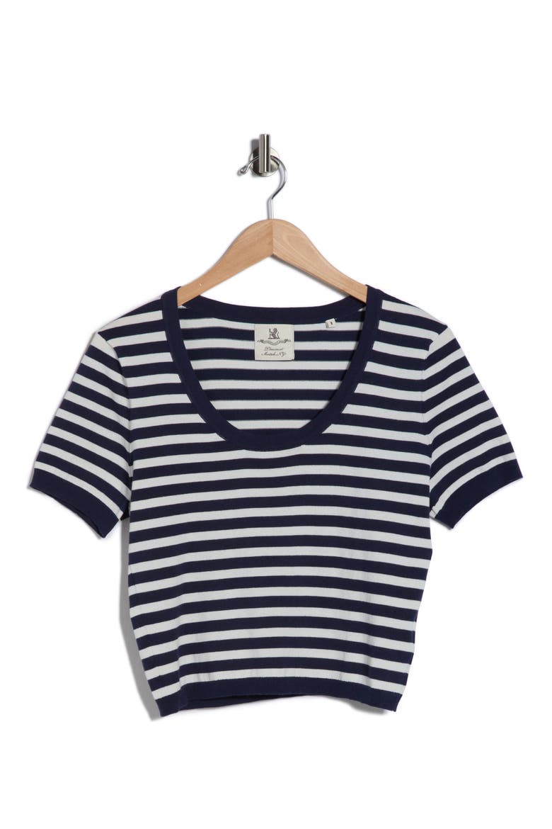 Stripe Short Sleeve Crop Sweater, Main, color, NAVY / ECRU STRIPE