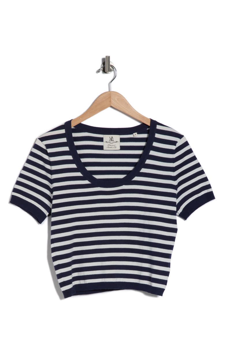 DENIMIST Stripe Short Sleeve Crop Sweater, Main, color, Navy / Ecru Stripe