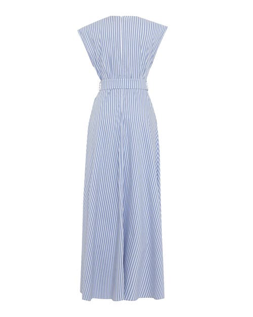 Theo The Label Echo Beaded Belt V-neck Shirtdress In Blue Stripe