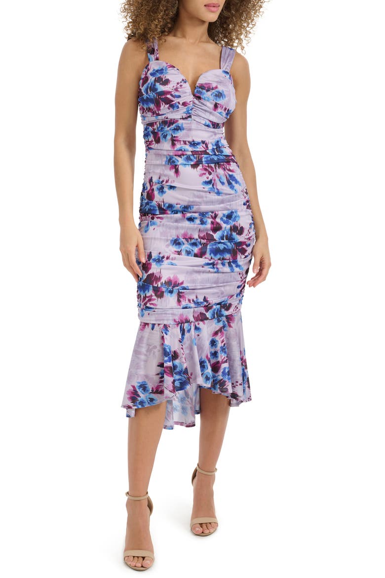 Sweetheart Ruched Mesh Midi Dress, Main, color, PURPLE MULTI