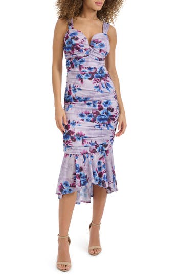 Siena Sweetheart Ruched Mesh Midi Dress In Purple