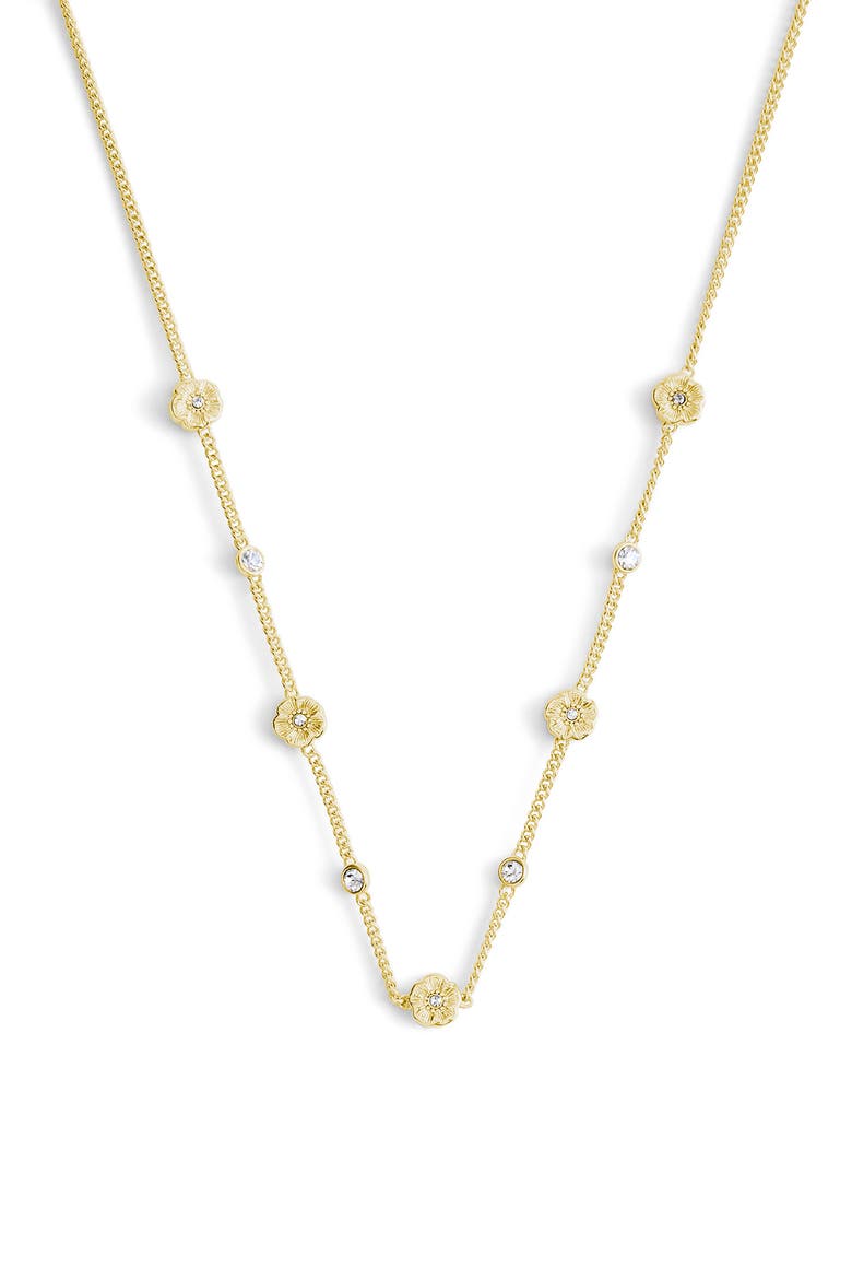 Tea Rose & Crystal Station Necklace, Main, color, SHINY GOLD