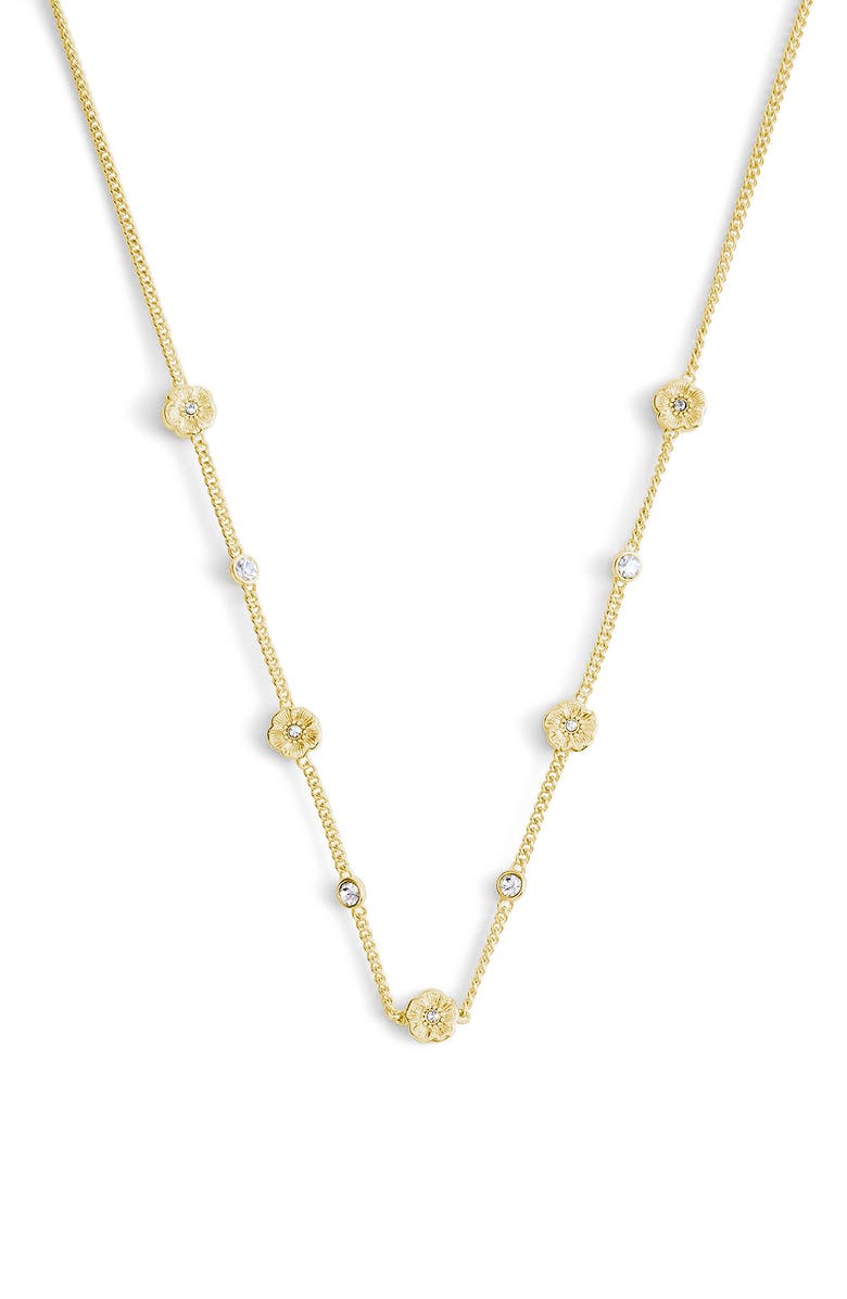 COACH Tea Rose & Crystal Station Necklace, Main, color, Shiny Gold