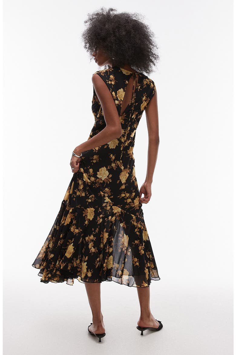 Floral Godet Hem Midi Dress, Alternate, color, BROWN