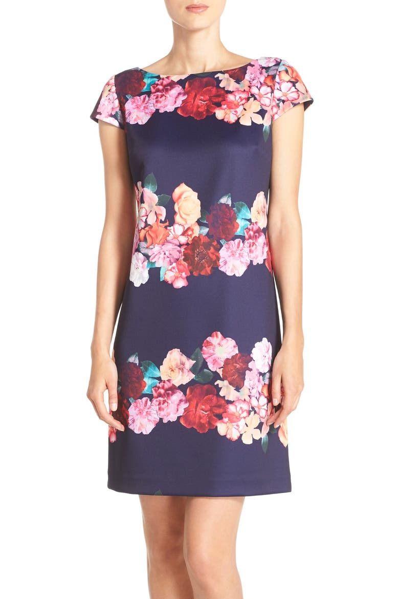 Floral Print Scuba Shift Dress, Main, color, NAVY