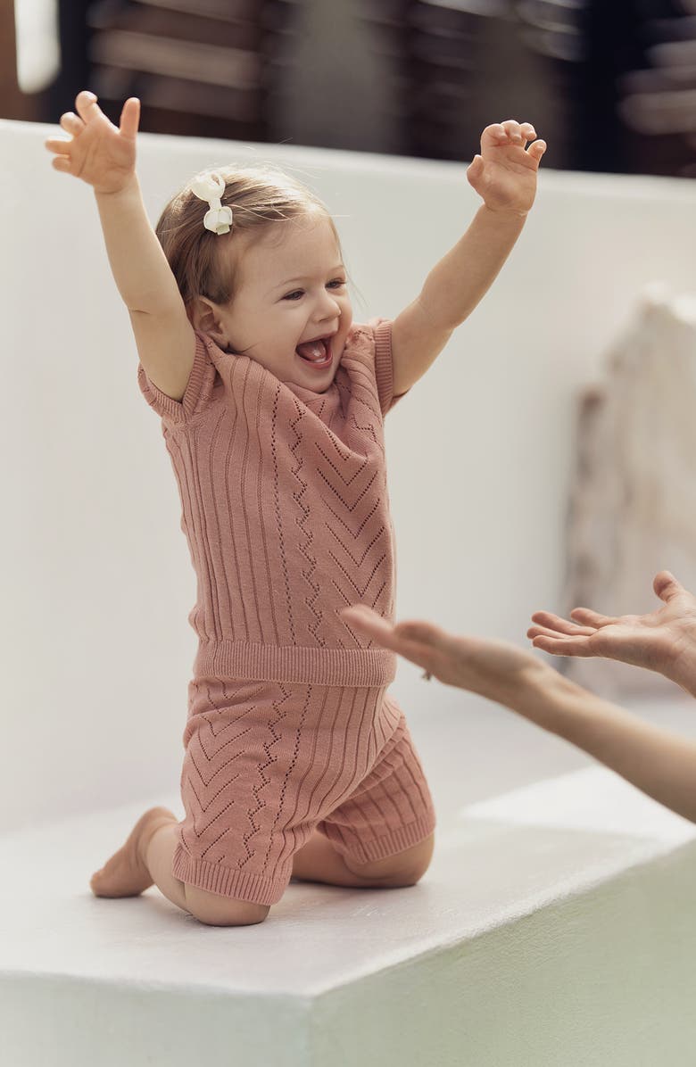 Manière Short Sleeve Pointelle Sweater & Shorts Set, Alternate, color, Salmon
