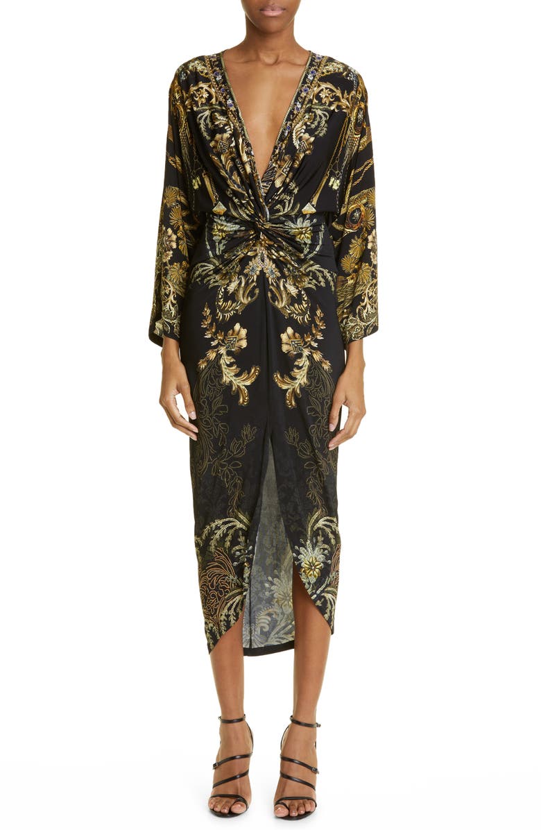 Camilla The Night is Noir Twist Front Long Sleeve Dress, Main, color, 