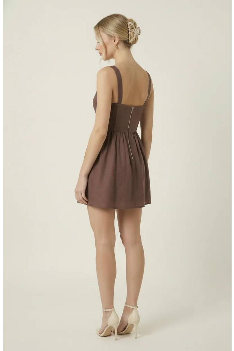 Sweetheart Corset Bodice Gathered Bust Flared Skirt Mini Dress, Alternate, color, Brown