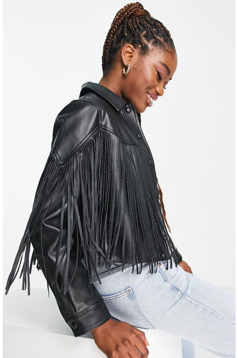 Fringe Crop Faux Leather Jacket, Alternate, color, BLACK