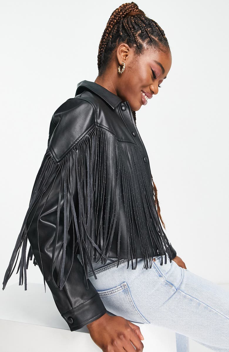 Miss Selfridge Fringe Crop Faux Leather Jacket, Alternate, color, 